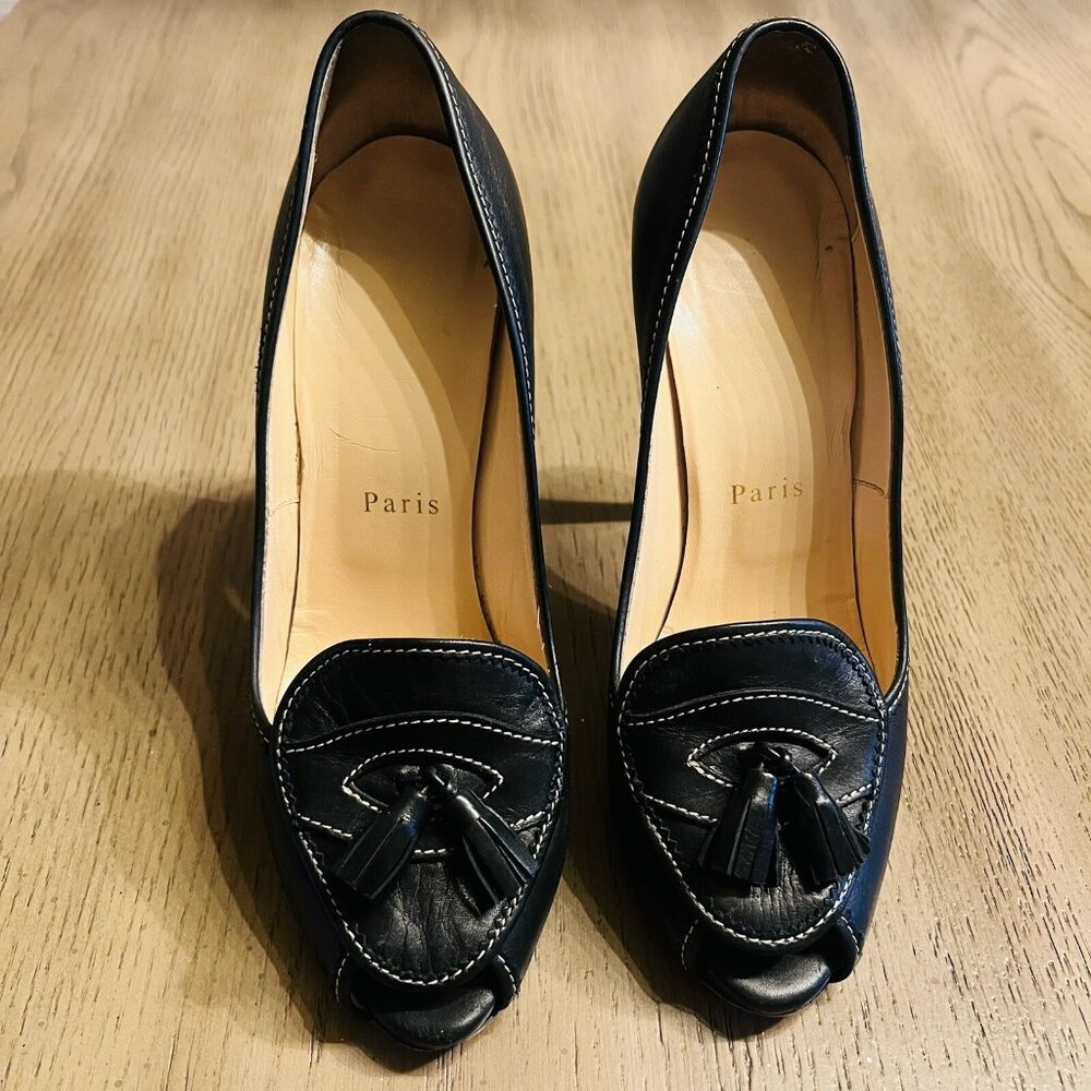 Christian Louboutin Alta Campus Heels Black Size 37.5 Peep Toe Red Bottoms - Picture 5 of 14